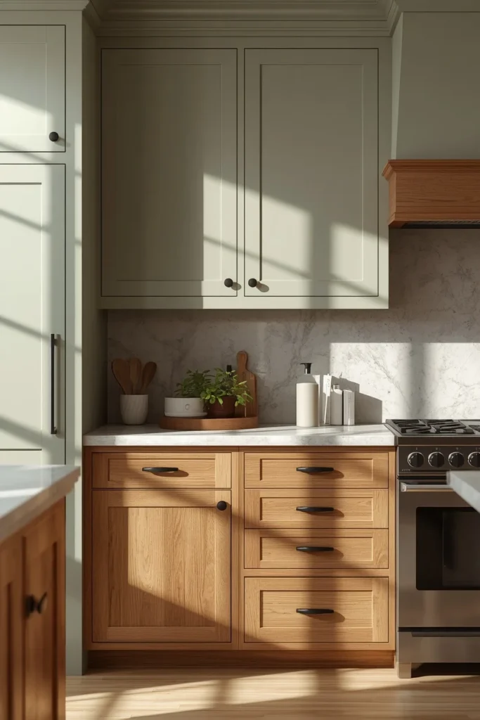 23 Two-Tone Kitchen Cabinet Combos That Look Insanely Expensive 4 farmhouse kitchen, featuring soft sage green upper cabinets and warm oak wood lower cabinets