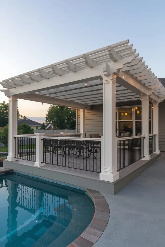 16 Above Ground Pool Ideas That Look Just as Gorgeous as In-Ground Ones 5 Above ground pool deck with a white wooden pergola