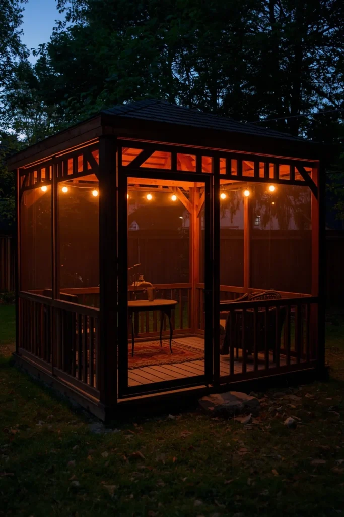 18 Backyard Gazebo Ideas That Create the Most Beautiful Outdoor Escape 5 a fully screened wooden gazebo with fine mesh walls