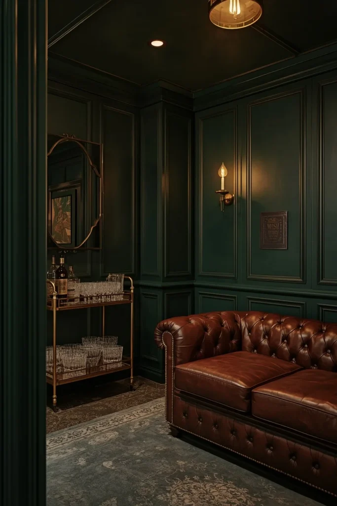 24 Basement Ideas That Transform the Most Overlooked Space Into Your Favorite Room 7 basement speakeasy lounge, featuring deep forest green walls