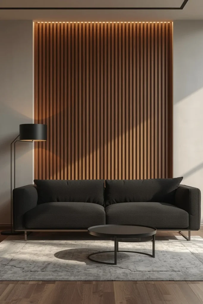 23 Black Sofa Living Room Ideas That Look Sleek, Bold & Super Expensive 5 living room, featuring a black sofa in front of a vertical wood slat accent wall