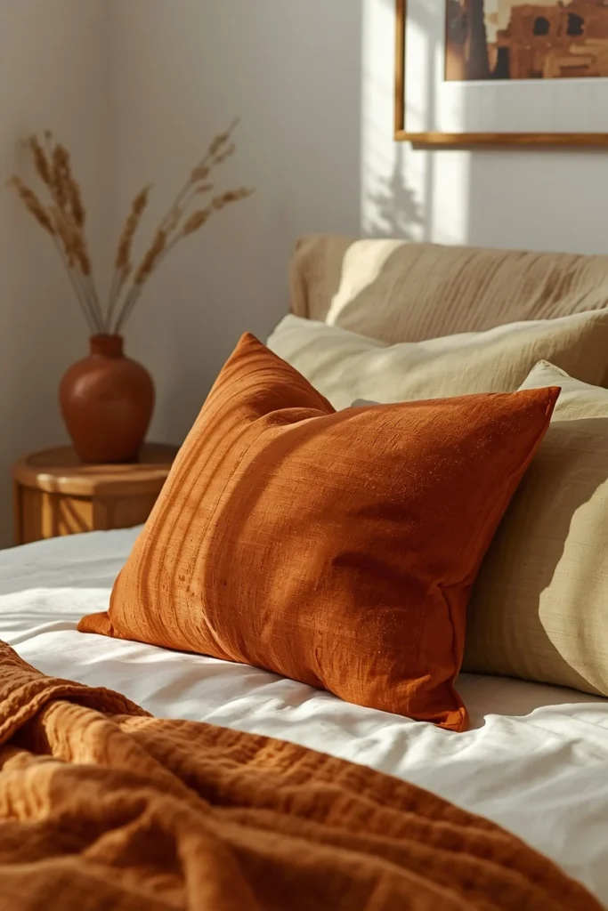 25 Boho Farmhouse Bedroom Ideas That Are Effortlessly Cozy & Beautiful 5 bedroom styling shot, featuring terracotta and olive green throw pillows