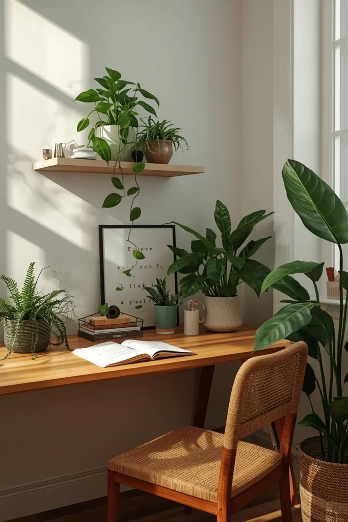 17 Cozy Study Space Ideas That Make Focusing Feel Effortless & Enjoyable 5 study desk, featuring layered houseplants including a trailing pothos