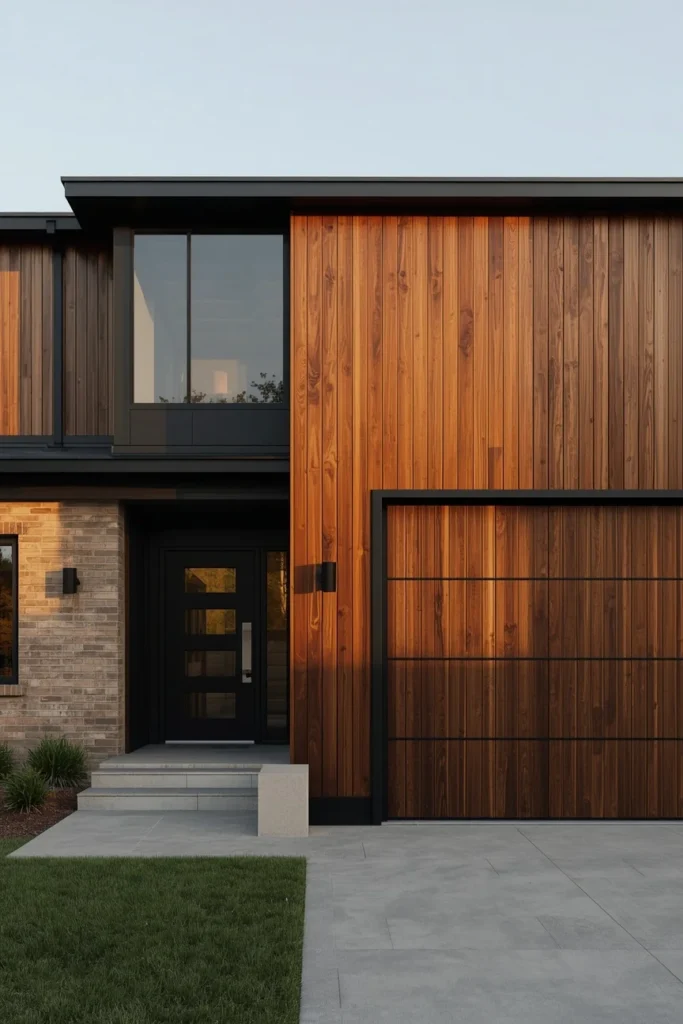 17 Garage Door Designs That Completely Transform Your Home's First Impression 5 ranch home exterior, featuring a vertical dark cedar slat garage door
