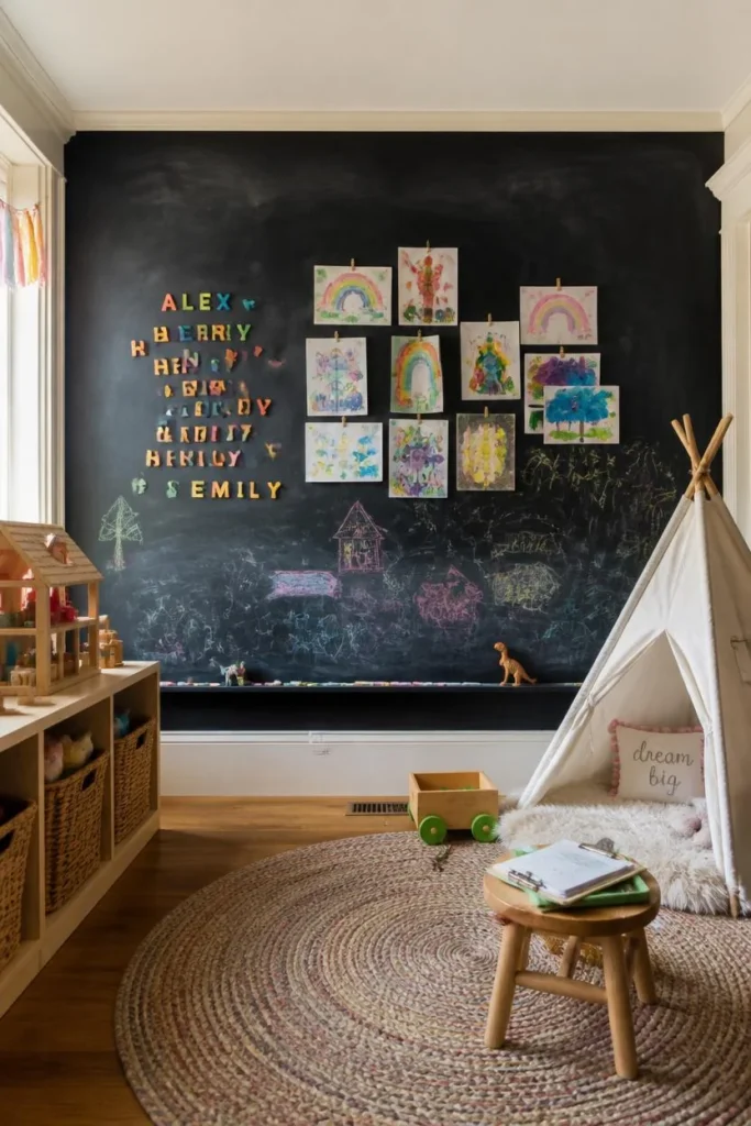 22 Genius Playroom Ideas That Kids Will Love & Parents Will Actually Appreciate 5 children's playroom, featuring a large chalkboard wall
