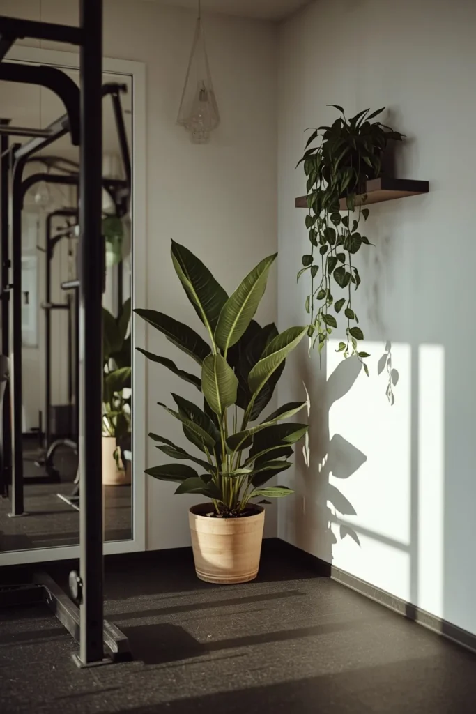 18 Home Gym Ideas That Make Working Out at Home Feel Seriously Motivating 5 home gym, featuring a large snake plant and fiddle leaf fig