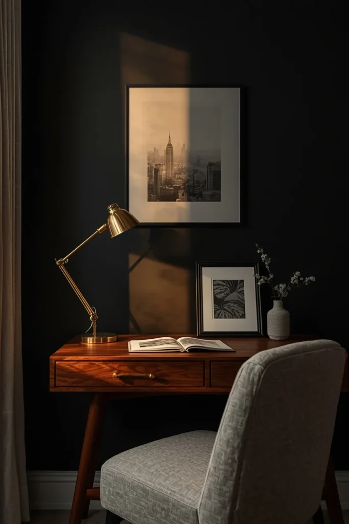 21 Home Office Aesthetic Ideas That Make Working From Home Actually Enjoyable 5 moody home office, featuring a matte black accent wall