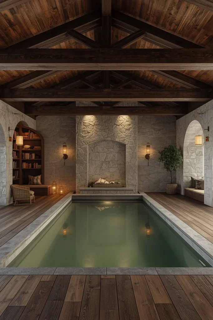 23 Modern Indoor Pool Designs That Are Pure Luxury Right Inside Your Home 5 indoor pool with rustic luxury aesthetic, exposed dark oak ceiling beams