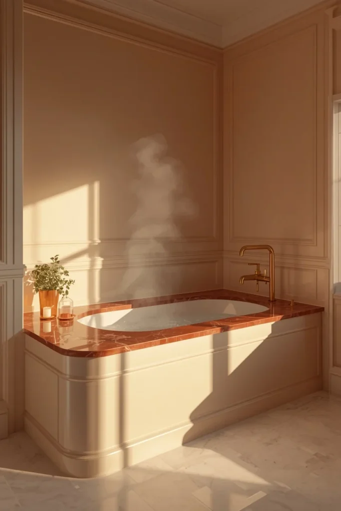 17 Red Marble Bathroom Ideas That Scream Luxury From Every Angle 5 bathroom, featuring a built-in bathtub with a red marble deck