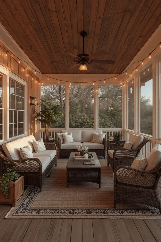 20 Summer House Interior Ideas That Are Bright, Breezy & Beautifully Relaxed 5 screened porch, featuring a cushioned wicker sofa and armchairs