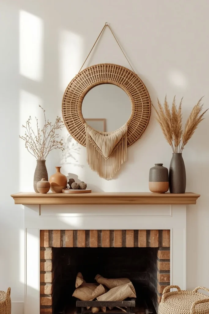20 Summer Mantel Ideas That Bring Breezy Seasonal Charm Into Your Home 5 fireplace mantel, featuring a round rattan mirror as the central anchor