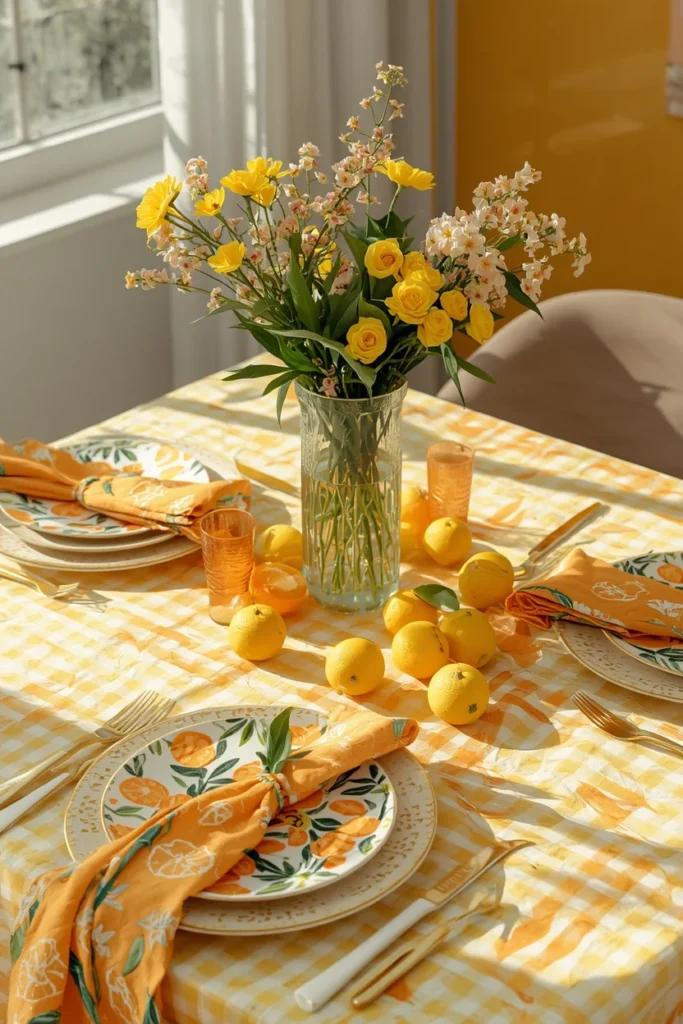 24 Summer Tablescape Ideas That Are Fresh, Colorful & Totally Stunning 5 summer table featuring citrus-printed plates