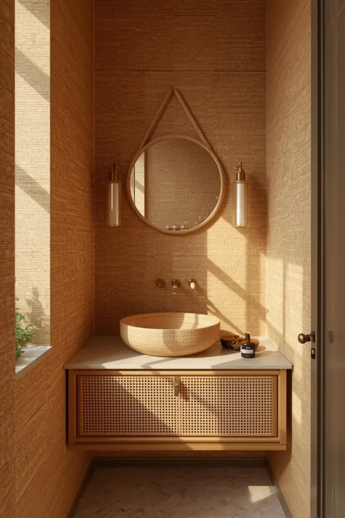 24 Tiny Powder Room Ideas That Make the Biggest Impression 5 small powder room, featuring warm honey-toned grasscloth wallcovering