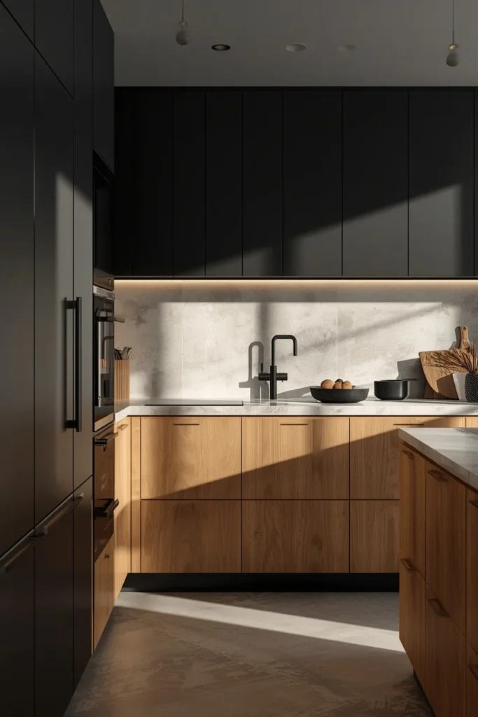 23 Two-Tone Kitchen Cabinet Combos That Look Insanely Expensive 5 modern kitchen, featuring matte black upper cabinets and light natural wood lower cabinets