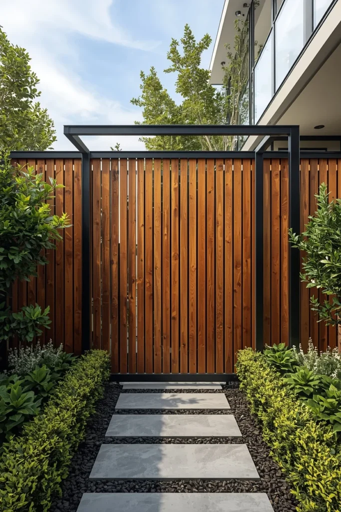 17 Wood Privacy Fence Ideas That Are Beautiful, Functional & Totally Chic 5 backyard exterior, featuring vertical warm wood fence panels