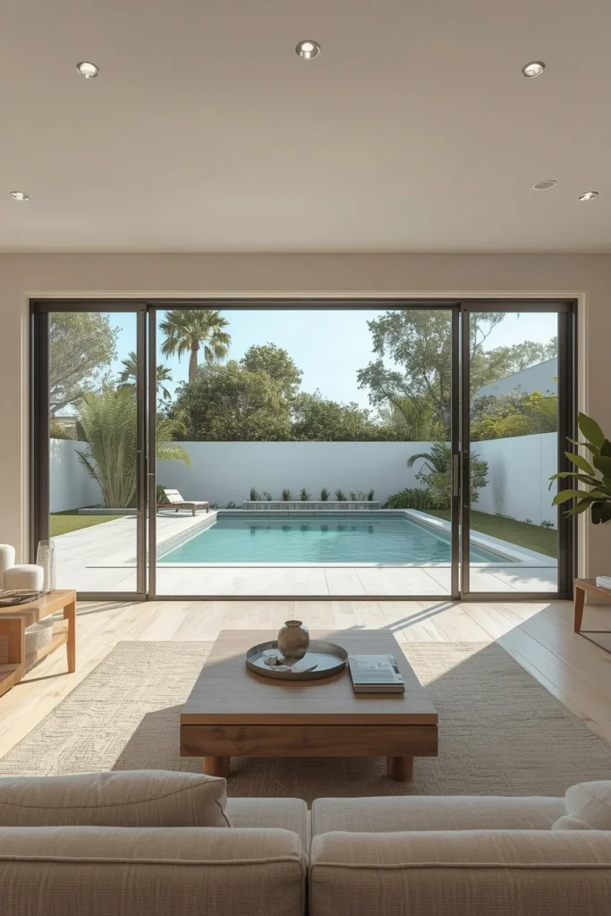 17 Backyard Pool House Ideas That Are Stylish, Functional & Totally Dreamy 6 pool house interior, featuring a fully opened wide sliding glass door