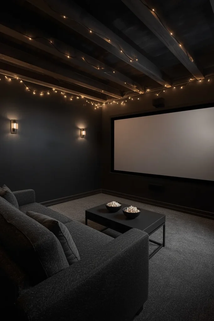 24 Basement Ideas That Transform the Most Overlooked Space Into Your Favorite Room 8 basement media nook, featuring a low profile sectional in charcoal boucle,