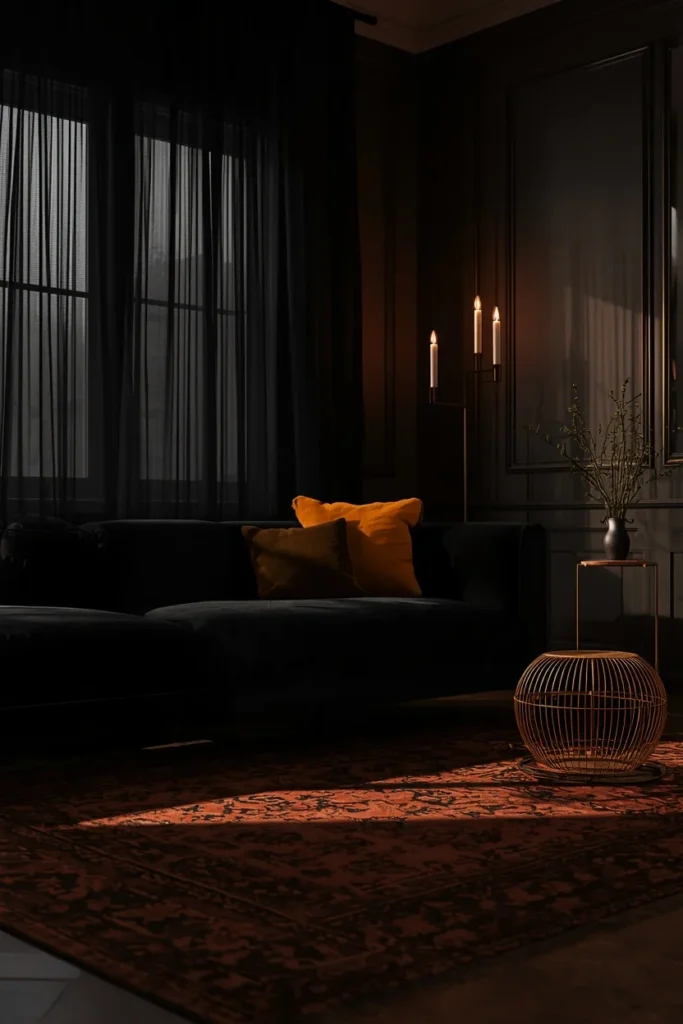 23 Black Sofa Living Room Ideas That Look Sleek, Bold & Super Expensive 6 living room, featuring a black sofa with mustard velvet cushions