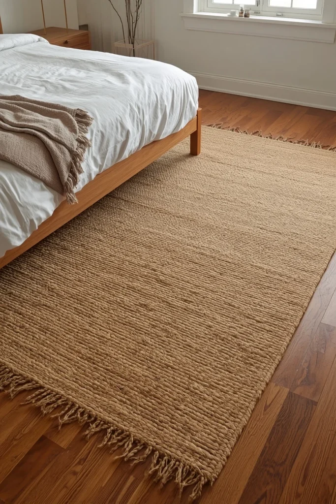 25 Boho Farmhouse Bedroom Ideas That Are Effortlessly Cozy & Beautiful 6 bedroom wide shot, featuring a large woven jute area rug