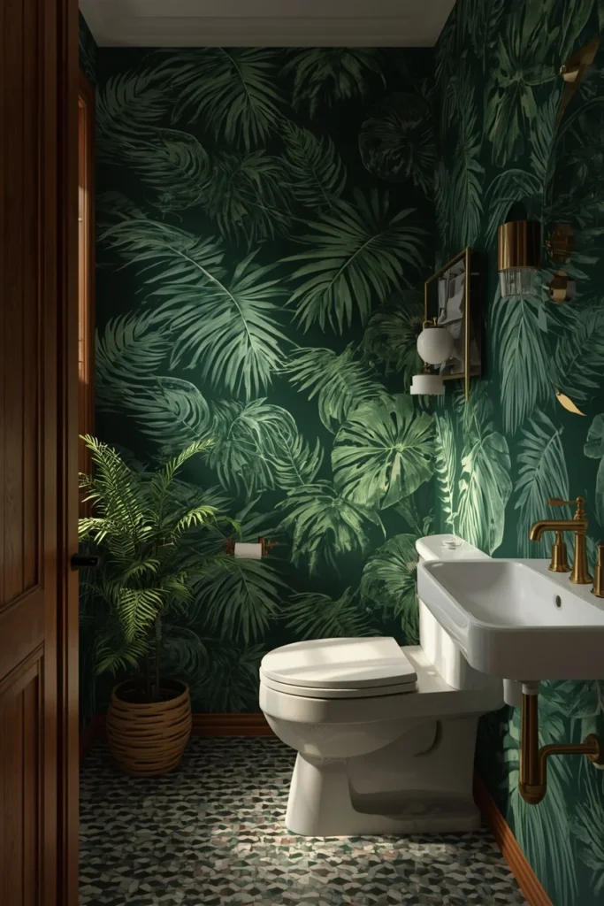 22 Bold Bathroom Wallpaper Ideas That Make Every Guest Say Wow 6 bathroom, featuring oversized tropical palm leaf wallpaper