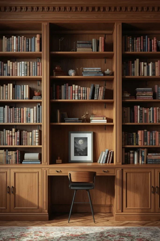 17 Cozy Study Space Ideas That Make Focusing Feel Effortless & Enjoyable 6 study space, featuring a wall of built-in wood bookshelves