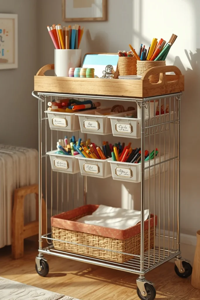 22 Genius Playroom Ideas That Kids Will Love & Parents Will Actually Appreciate 6 children's playroom, featuring a rolling wood and wire art cart