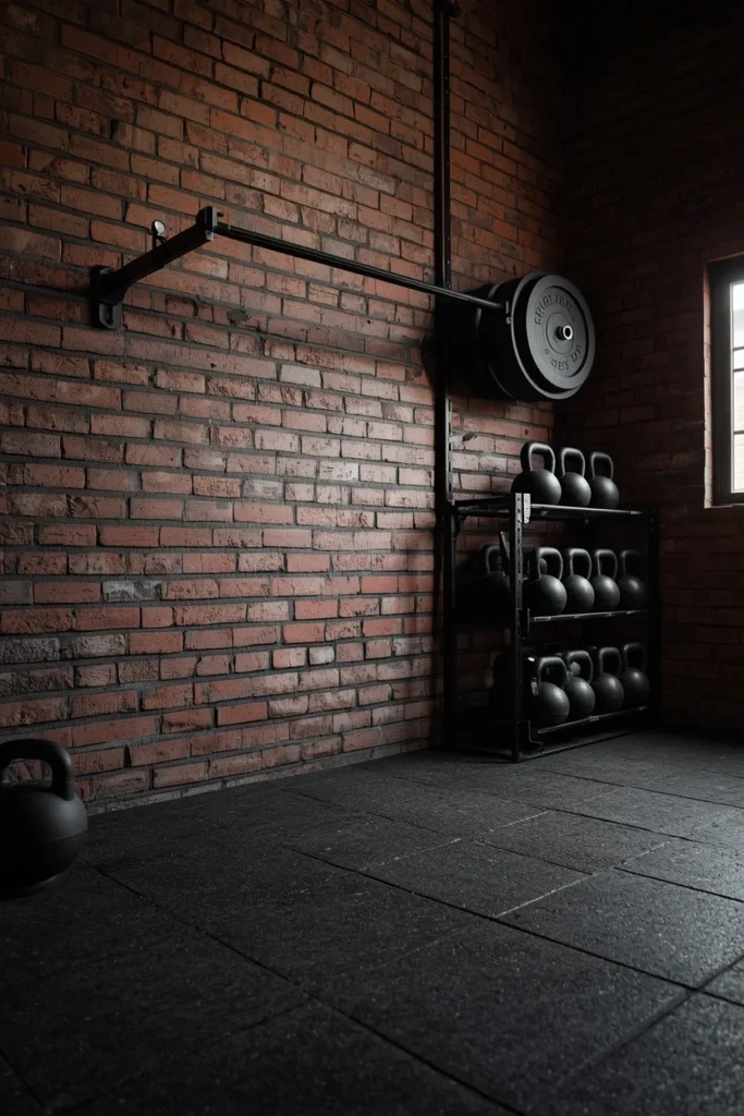 18 Home Gym Ideas That Make Working Out at Home Feel Seriously Motivating 6 home gym, featuring an exposed brick accent wall