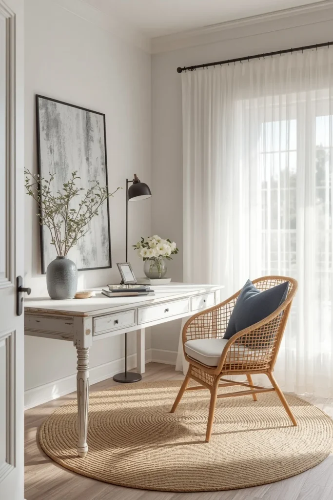 21 Home Office Aesthetic Ideas That Make Working From Home Actually Enjoyable 6 coastal home office, featuring a white washed desk