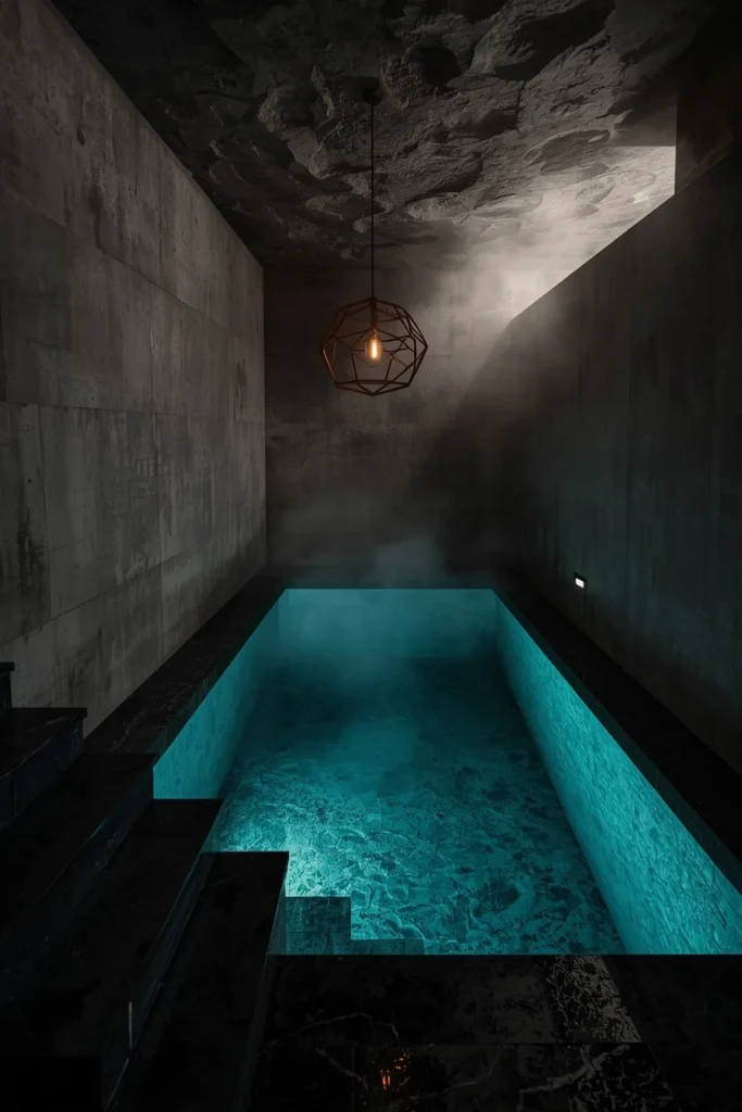 23 Modern Indoor Pool Designs That Are Pure Luxury Right Inside Your Home 6 underground luxury pool, raw concrete walls with slight texture,