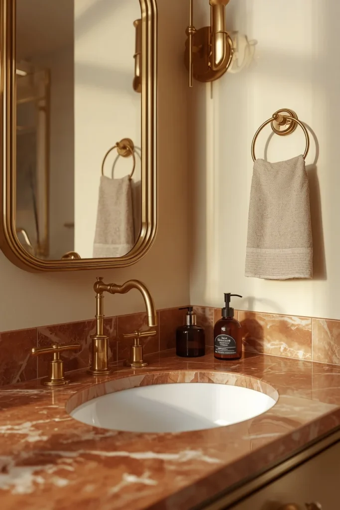 17 Red Marble Bathroom Ideas That Scream Luxury From Every Angle 6 bathroom vanity, featuring oxblood-toned marble countertop