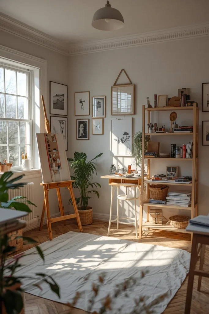 25 She Shed Interior Ideas That Create the Ultimate Personal Retreat 6 she shed art studio, featuring an easel near a north-facing window