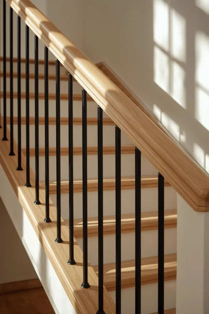 18 Staircase Ideas That Turn a Functional Feature Into a Stunning Design Statement 6 staircase, featuring simple black metal spindles in a uniform pattern,