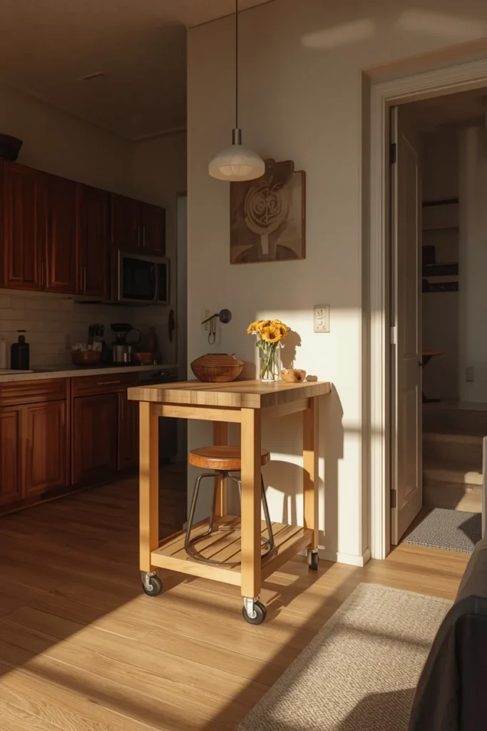 20 Studio Apartment Ideas That Make One Room Feel Like a Whole Beautiful Home 6 studio apartment kitchenette, featuring a small rolling kitchen island