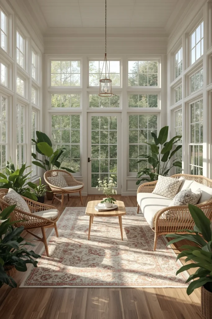 20 Summer House Interior Ideas That Are Bright, Breezy & Beautifully Relaxed 6 sunroom, featuring a mix of wicker armchairs and a plush linen sofa