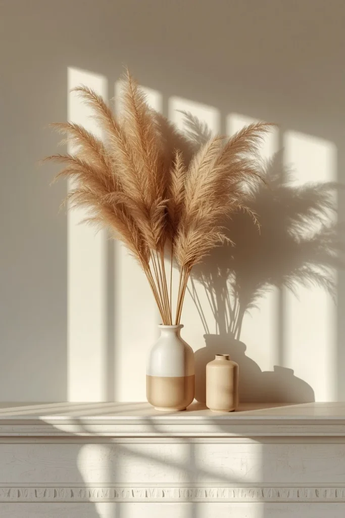 20 Summer Mantel Ideas That Bring Breezy Seasonal Charm Into Your Home 6 fireplace mantel, featuring tall vases of dried pampas grass