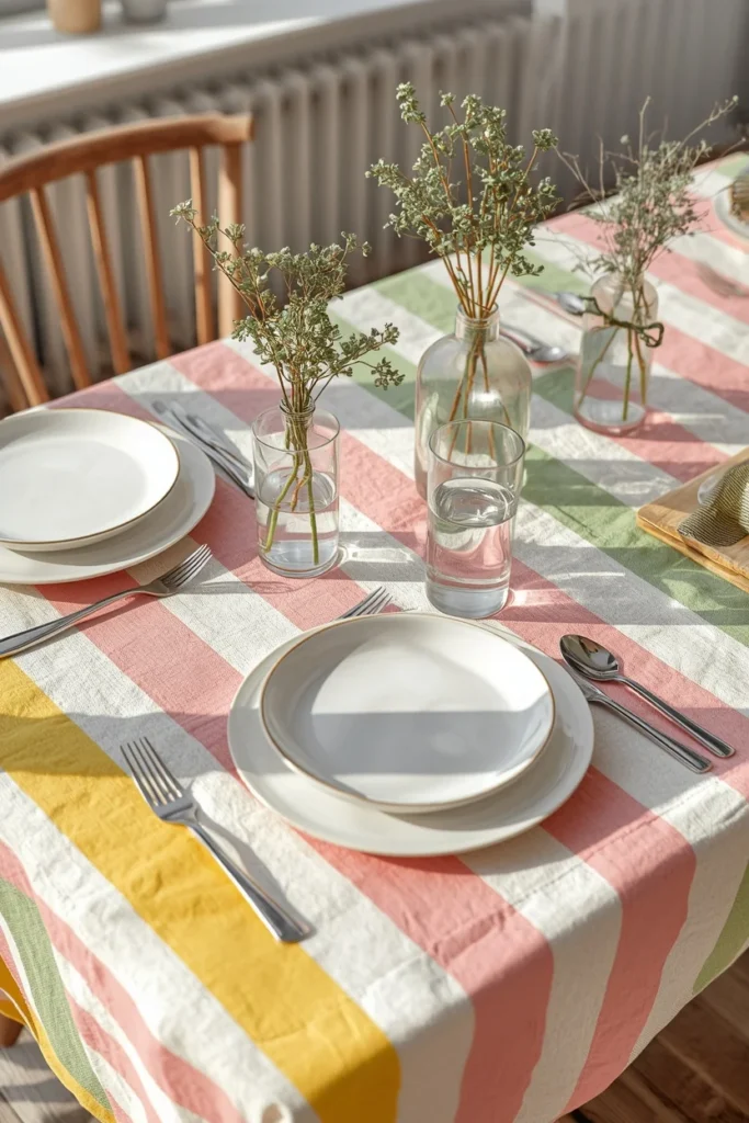 24 Summer Tablescape Ideas That Are Fresh, Colorful & Totally Stunning 6 summer table featuring a bold striped tablecloth