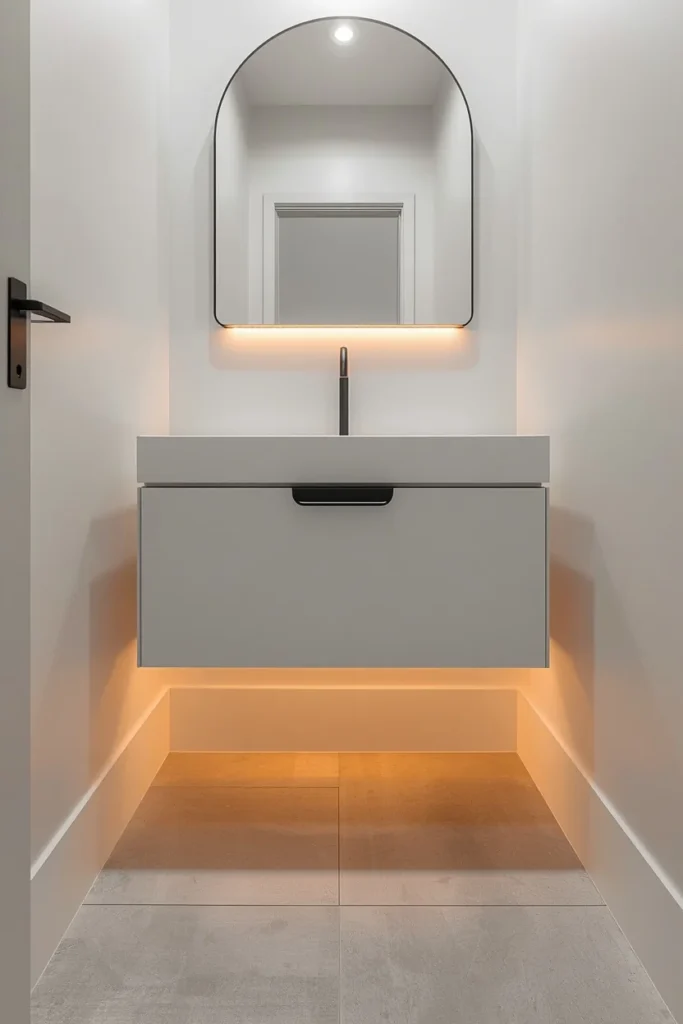 24 Tiny Powder Room Ideas That Make the Biggest Impression 6 tiny powder room, featuring a white floating vanity