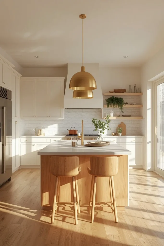 23 Two-Tone Kitchen Cabinet Combos That Look Insanely Expensive 6 open concept kitchen, featuring off-white perimeter cabinetry and a light natural wood island