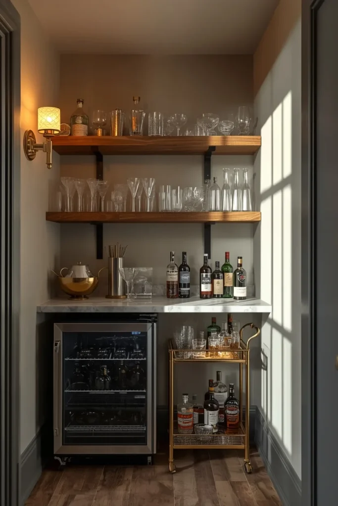 24 Basement Ideas That Transform the Most Overlooked Space Into Your Favorite Room 9 basement bar nook, featuring open wood shelving lined with glassware,