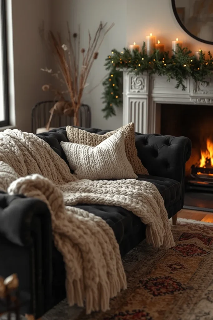 23 Black Sofa Living Room Ideas That Look Sleek, Bold & Super Expensive 7 living room, featuring a black sofa layered with chunky cream knit throws and pillows,