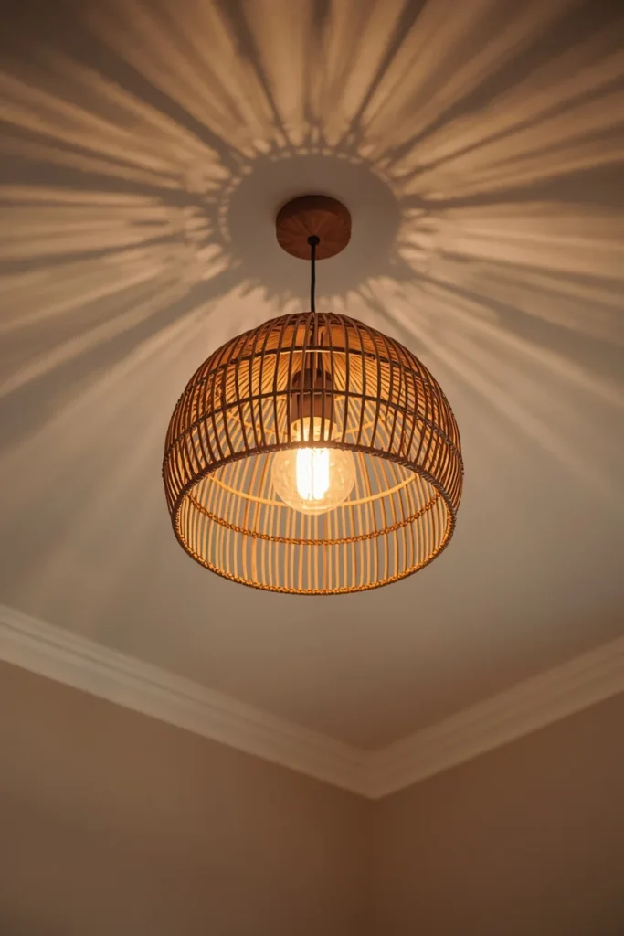 25 Boho Farmhouse Bedroom Ideas That Are Effortlessly Cozy & Beautiful 7 bedroom ceiling detail shot, featuring a woven rattan dome pendant light