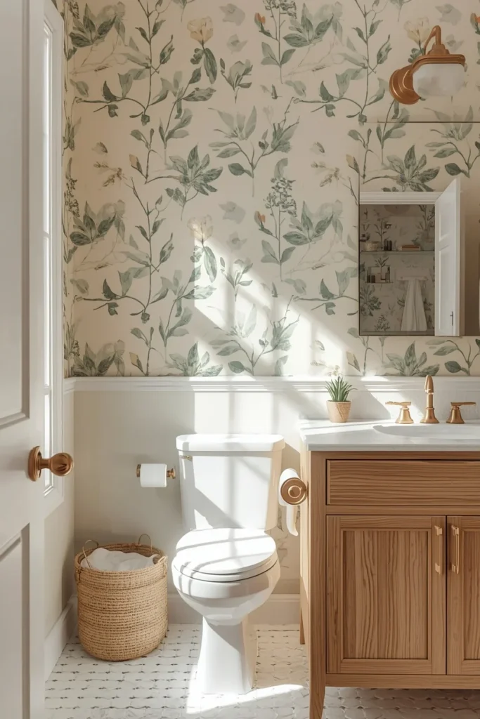22 Bold Bathroom Wallpaper Ideas That Make Every Guest Say Wow 7 bathroom, featuring hand-drawn botanical illustration wallpaper