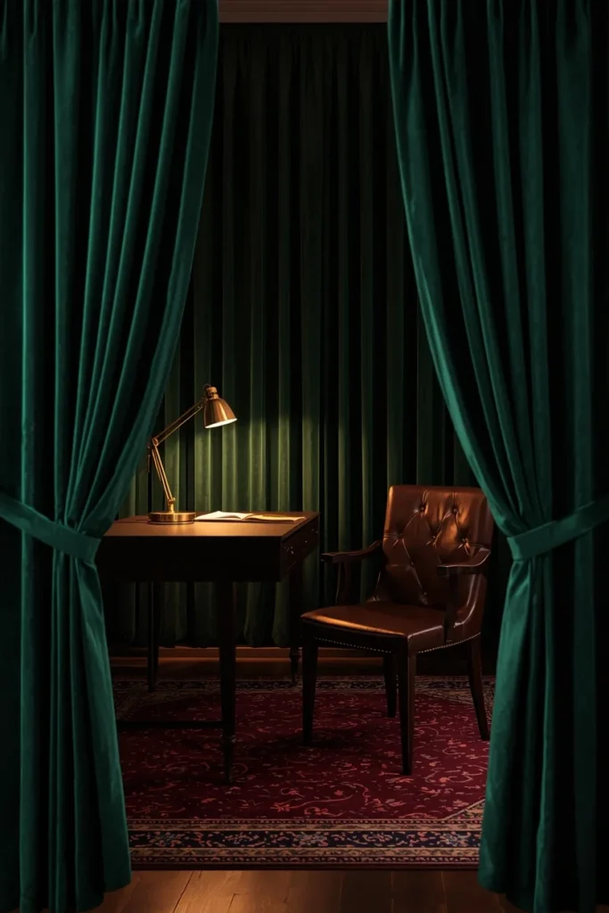 17 Cozy Study Space Ideas That Make Focusing Feel Effortless & Enjoyable 7 study space, featuring deep emerald velvet drapery framing a dark wood desk