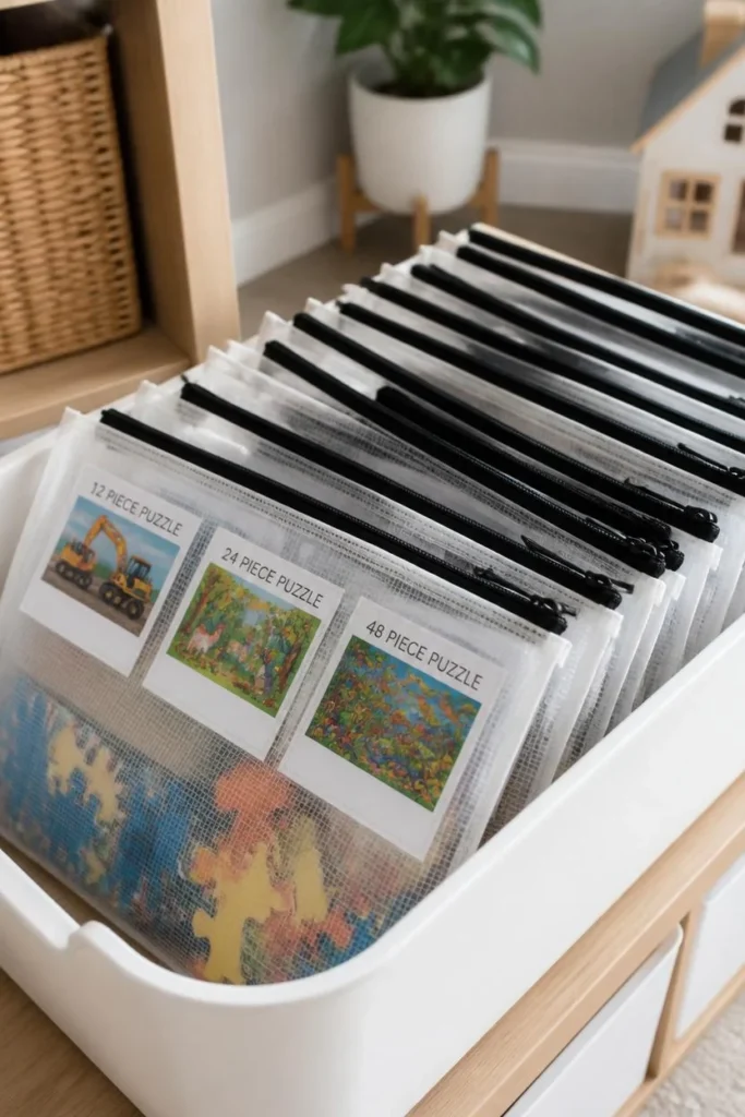 22 Genius Playroom Ideas That Kids Will Love & Parents Will Actually Appreciate 7 children's playroom, featuring a storage bin filled with labeled zippered puzzle bags