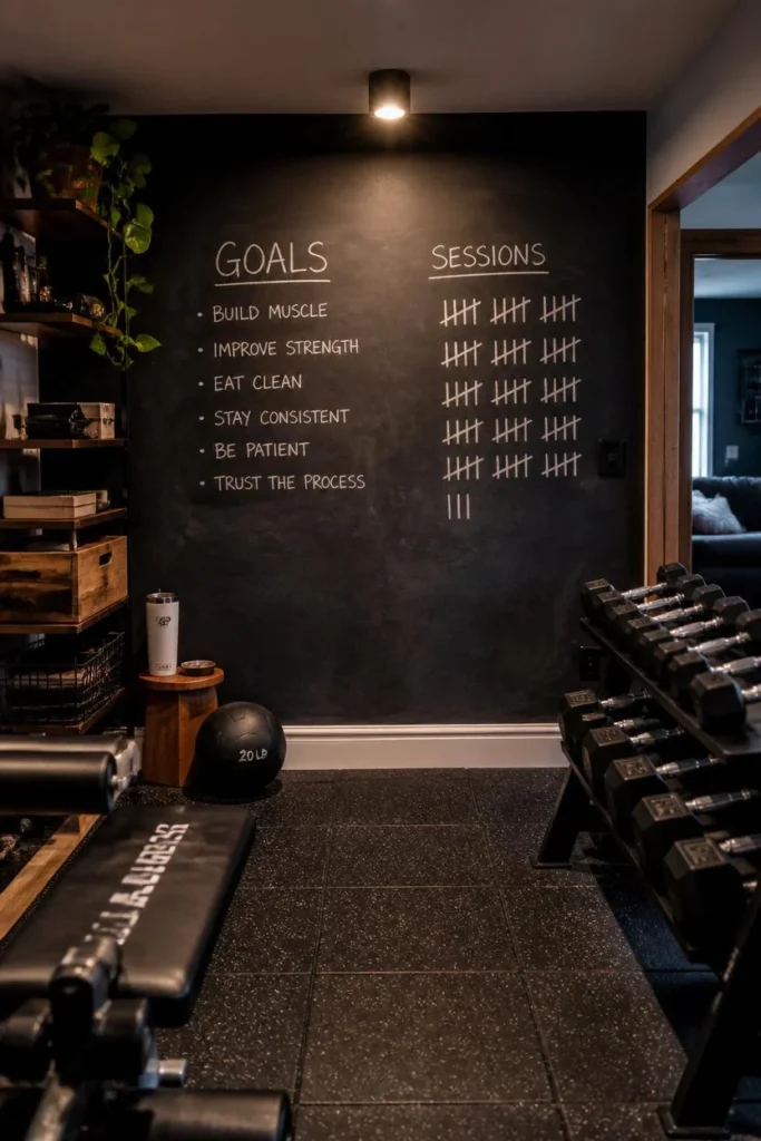 18 Home Gym Ideas That Make Working Out at Home Feel Seriously Motivating 7 home gym, featuring a large chalkboard wall with handwritten workout goals