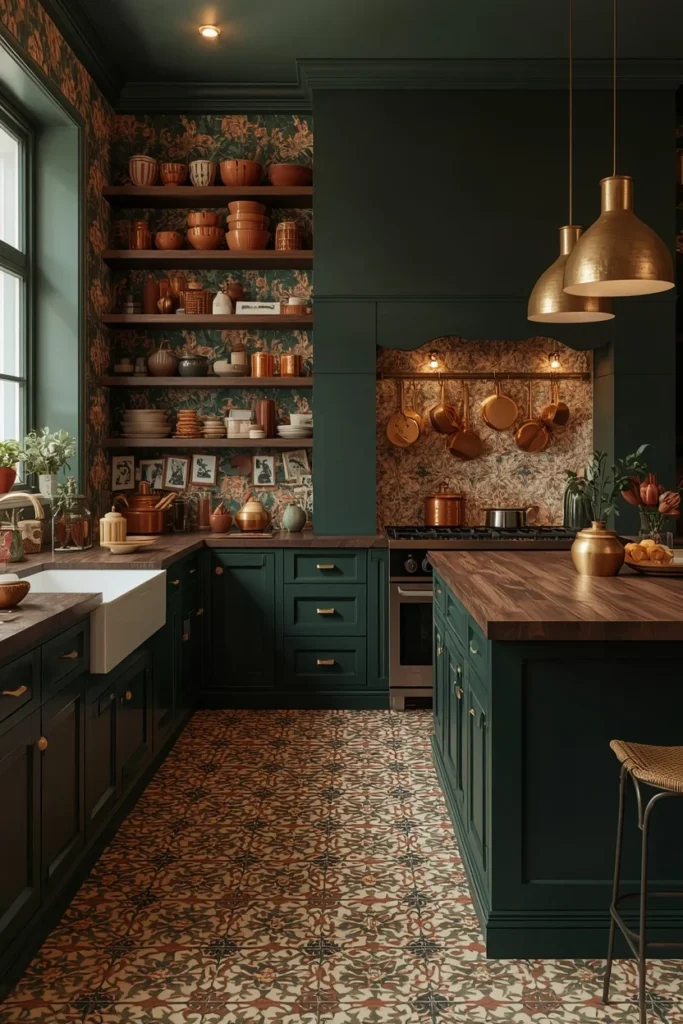 19 Kitchen Aesthetic Ideas So Good You'll Want to Renovate Tomorrow 7 moody maximalist kitchen aesthetic, deep forest green floor-to-ceiling cabinetry