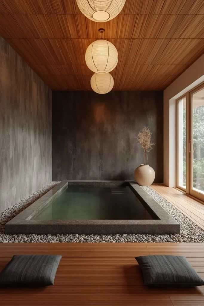 23 Modern Indoor Pool Designs That Are Pure Luxury Right Inside Your Home 7 Japanese onsen-inspired indoor pool room, small rectangular deep plunge pool