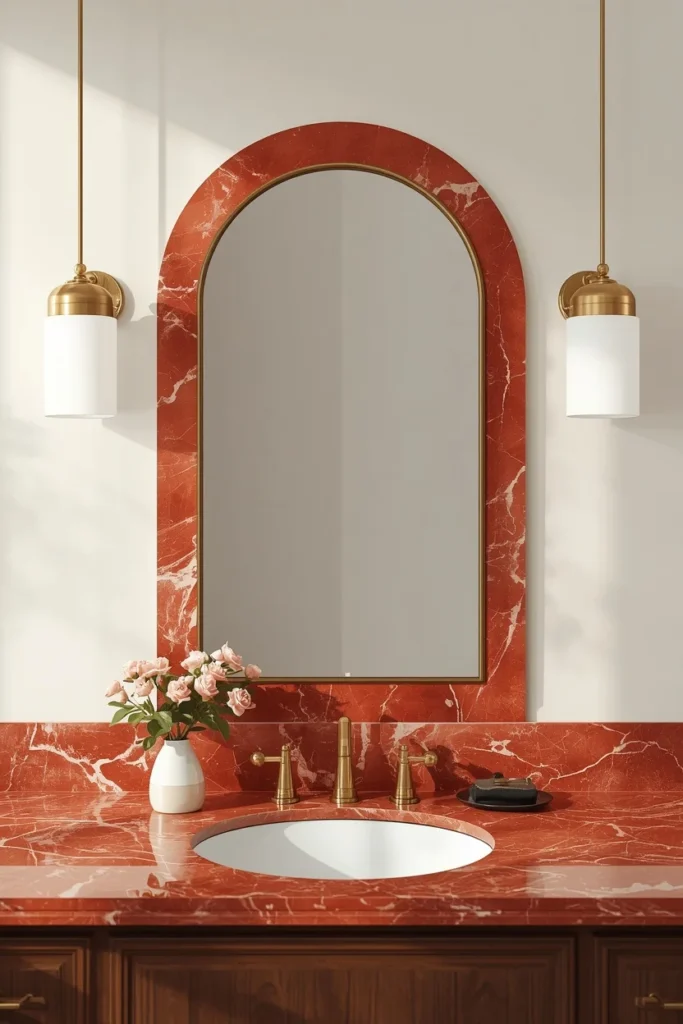 17 Red Marble Bathroom Ideas That Scream Luxury From Every Angle 7 bathroom vanity wall, featuring red marble backsplash