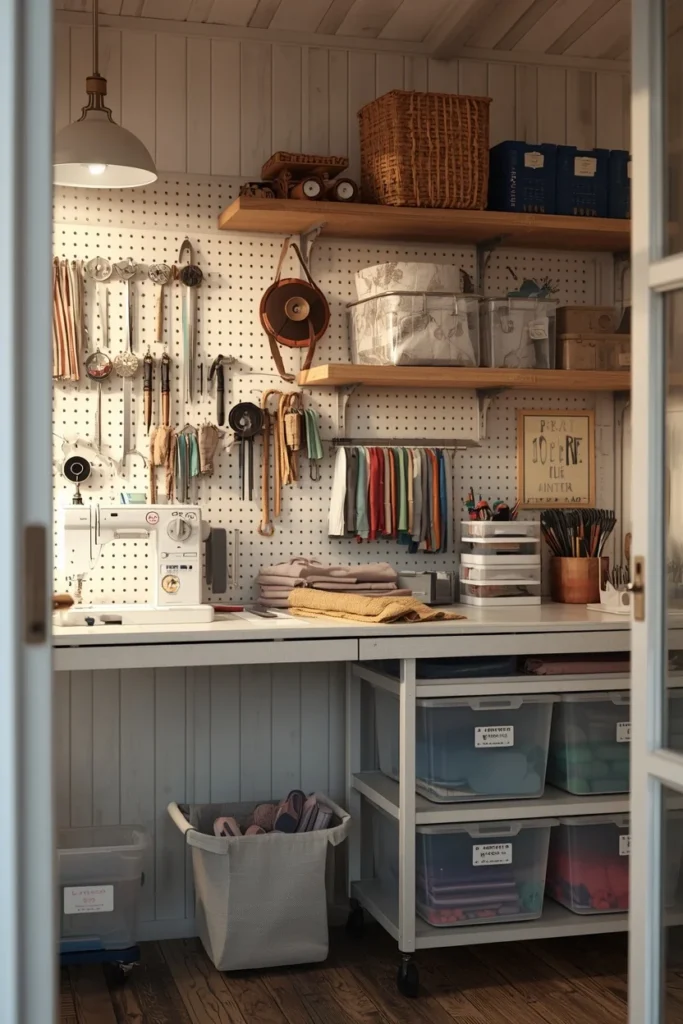 25 She Shed Interior Ideas That Create the Ultimate Personal Retreat 7 she shed sewing room, featuring a pegboard wall with hanging tools and ribbon spools