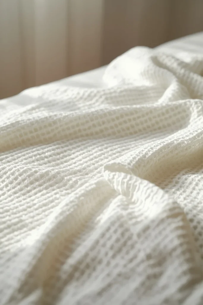 21 Summer Bedding Ideas That Make Your Bed Look Fresh & Resort-Ready 7 Waffle-Texture Blanket for Texture Without Heat